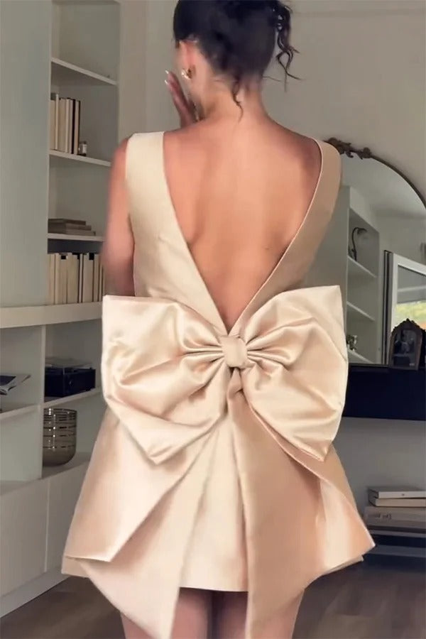 Premium Daisy Satin Mini Dress with Oversized Bow Detail and Square Neckline Wardrobe Essential