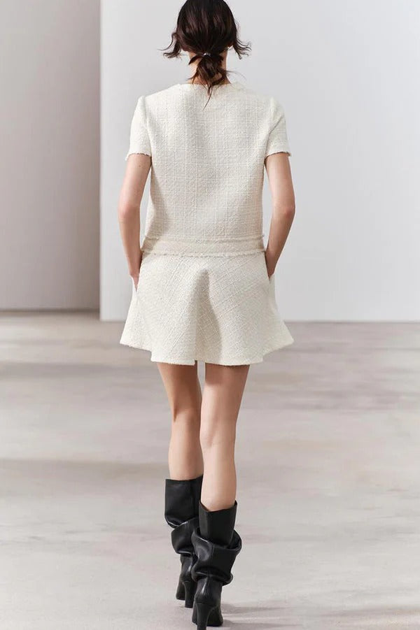 Elevated Rebekah 1960s London Girl Mini Dress in Textured Tweed with Gold Buttons and Short Sleeves and Pockets Boutique Collection