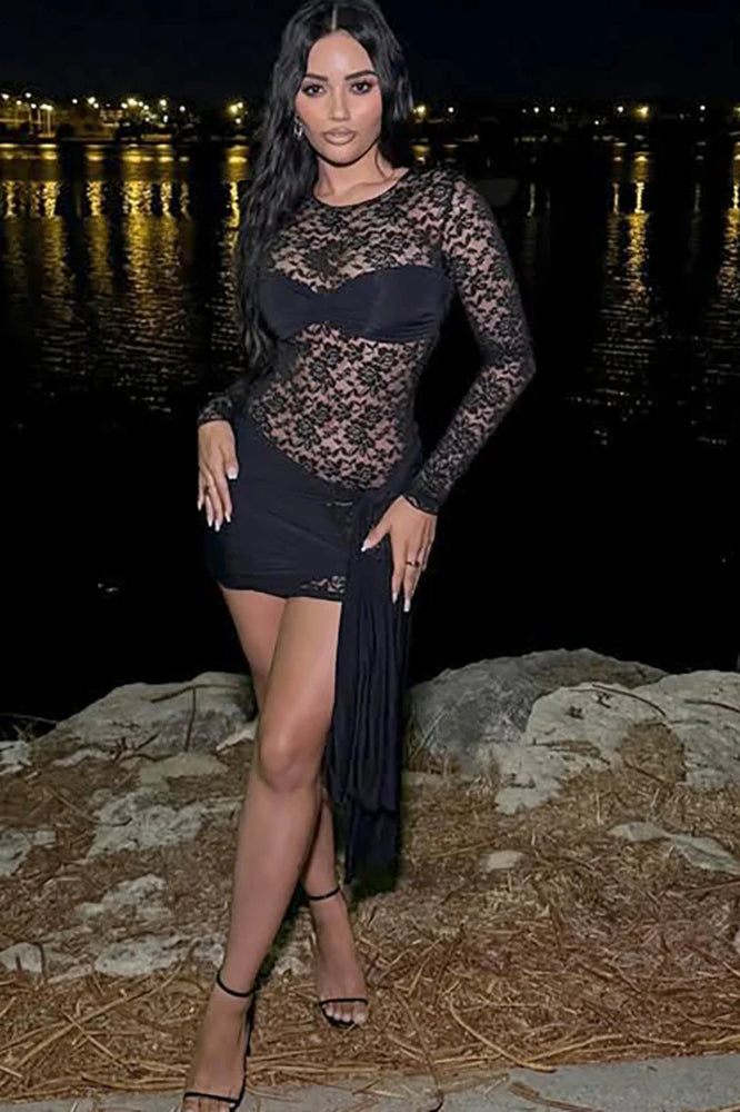 Lace Sheer Bandage Mini Dress
