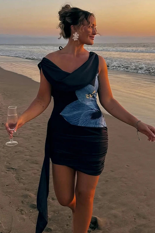 Neck Tie Printed Mini Dress