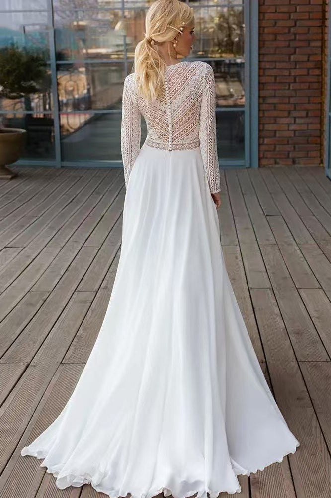 Extended Sleeve Lace Train Wedding Dress