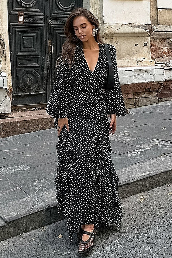 Retro V-Neck Polka Dot Puff Sleeve A-Line Maxi Dress