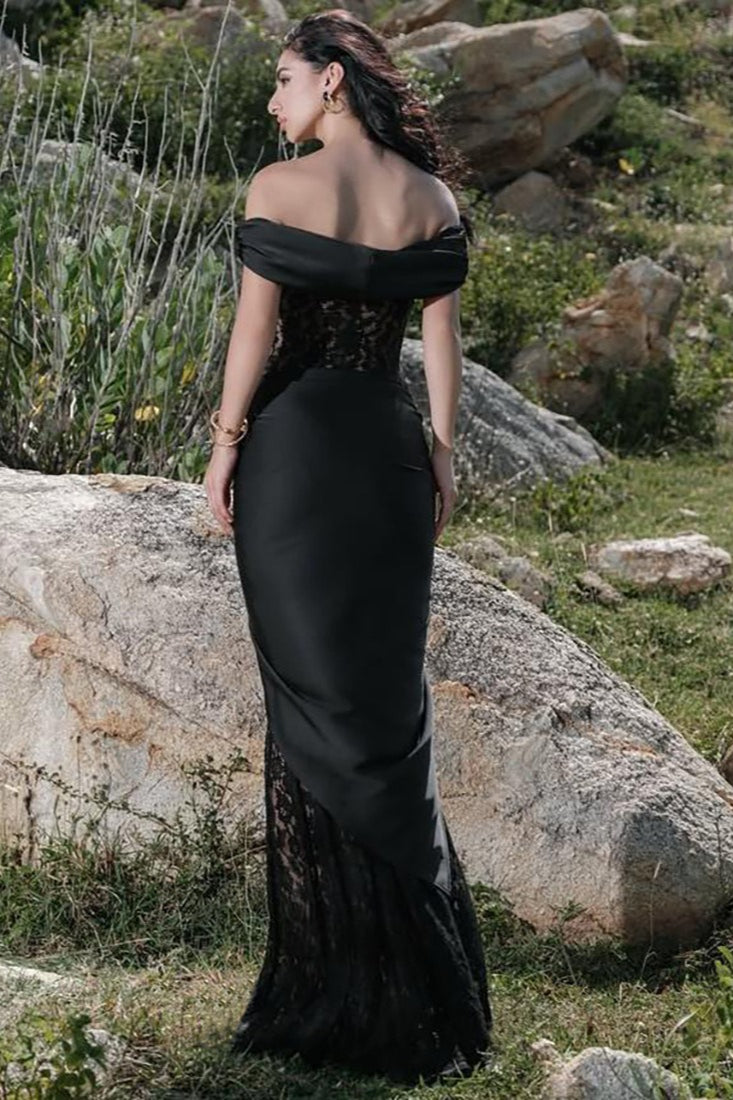 Lace Insert Off Shoulder Maxi Sophisticated Dress