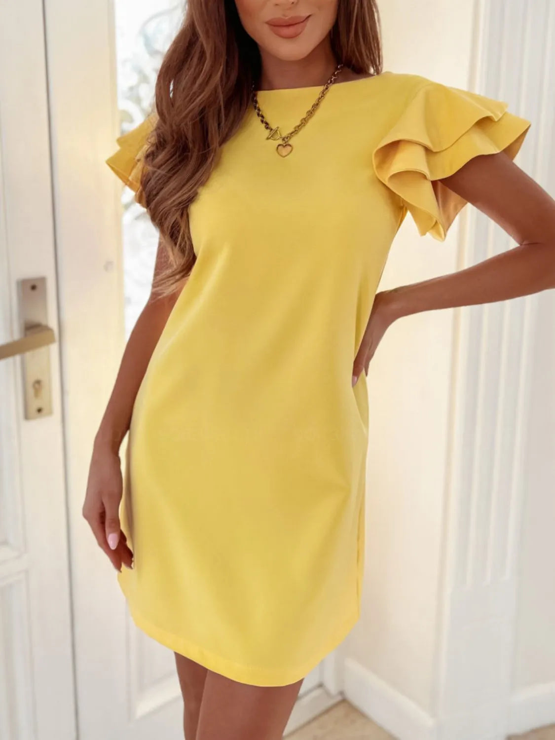 Exclusive Claire Short Sleeved Mini Dress with Ruffled Cape Boutique Collection