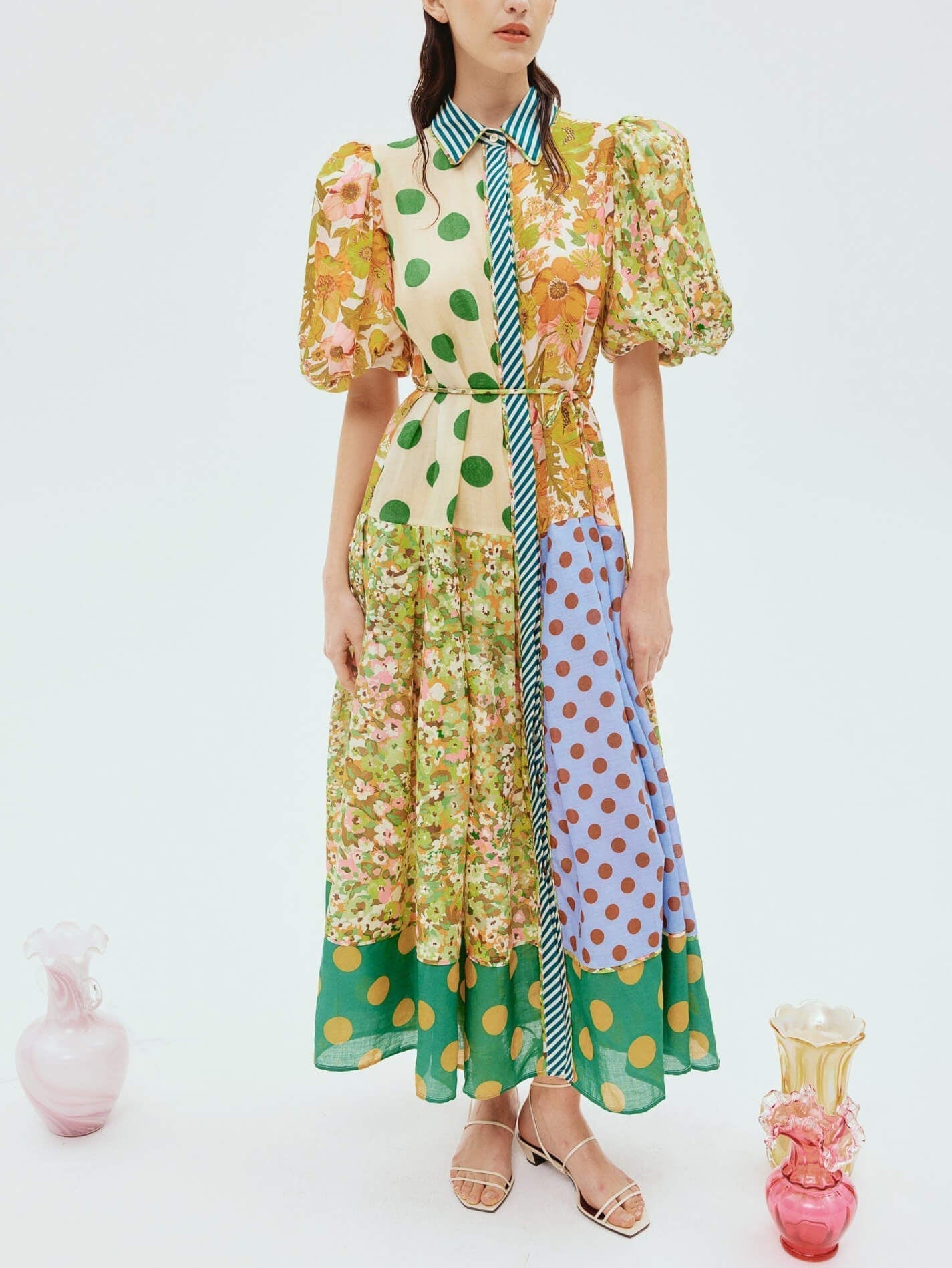 Exquisite Retro Bloom Print Puff Sleeve Midi Dress