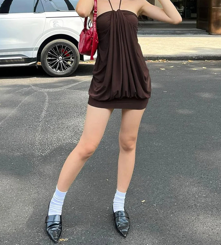 Ruched Halter Backless Solid Mini Dress