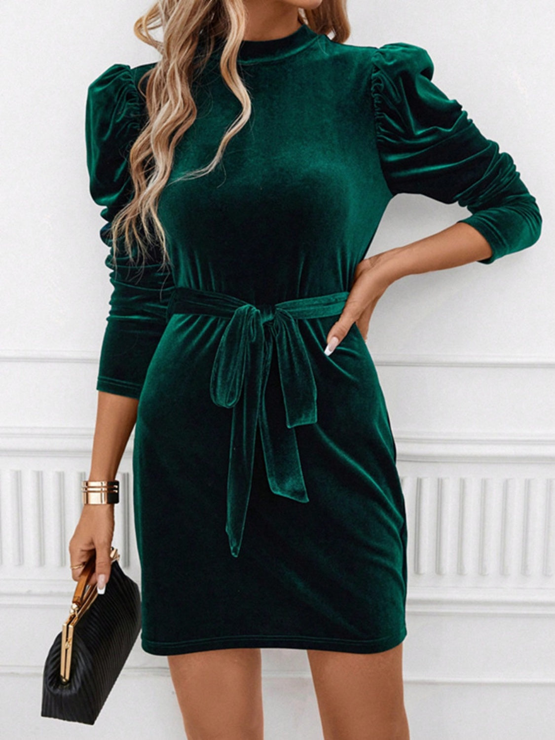 Timeless Noemí Mini Dress with Stand Up Collar, Tie Waist and Puff Sleeves Premium Wardrobe Essential