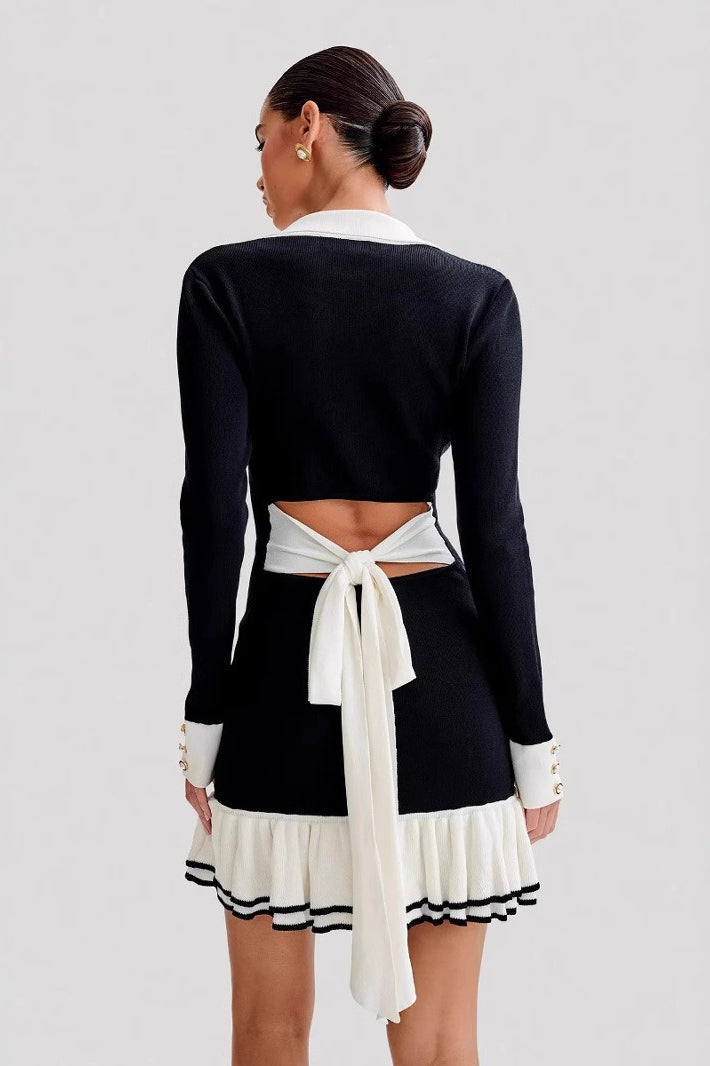 Tie Bow Ruffled Knit Pearl Midi Dress