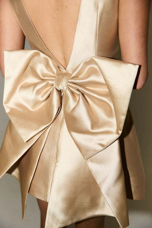 Premium Daisy Satin Mini Dress with Oversized Bow Detail and Square Neckline Wardrobe Essential