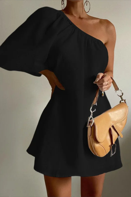 Shoulder One Cotton Linen Mini Dress