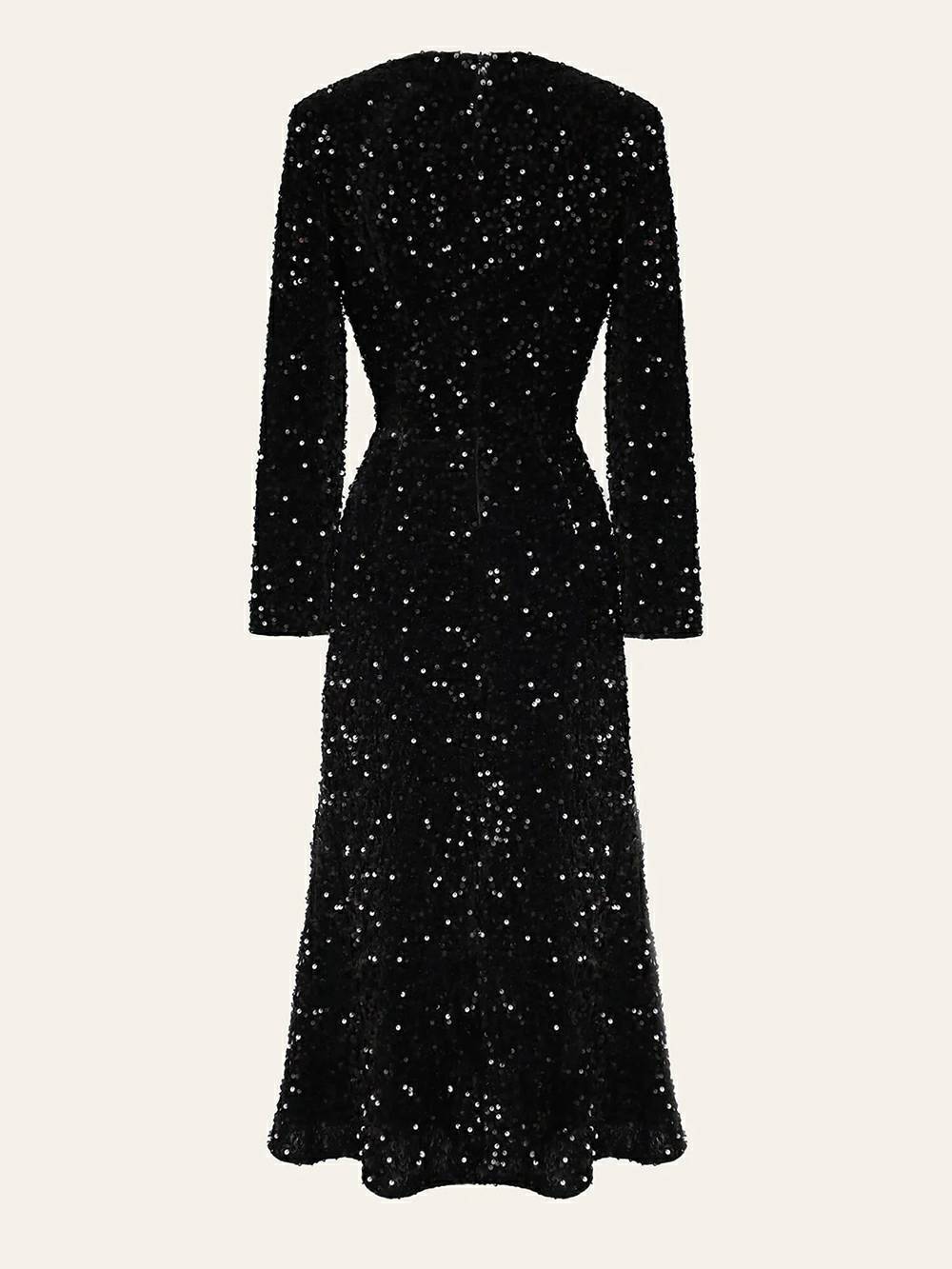 Decorated Sequin Velvet Midi Dress In Black