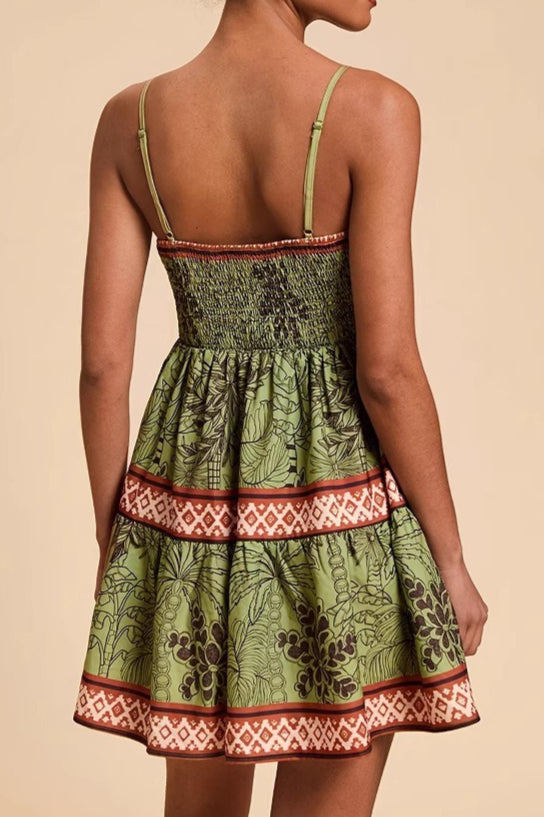 Printed Green Cami A Line Vacation Dress