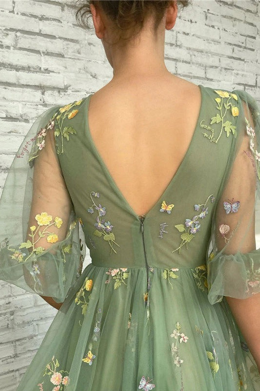 Flower Applique Ball Gown Prom Dress