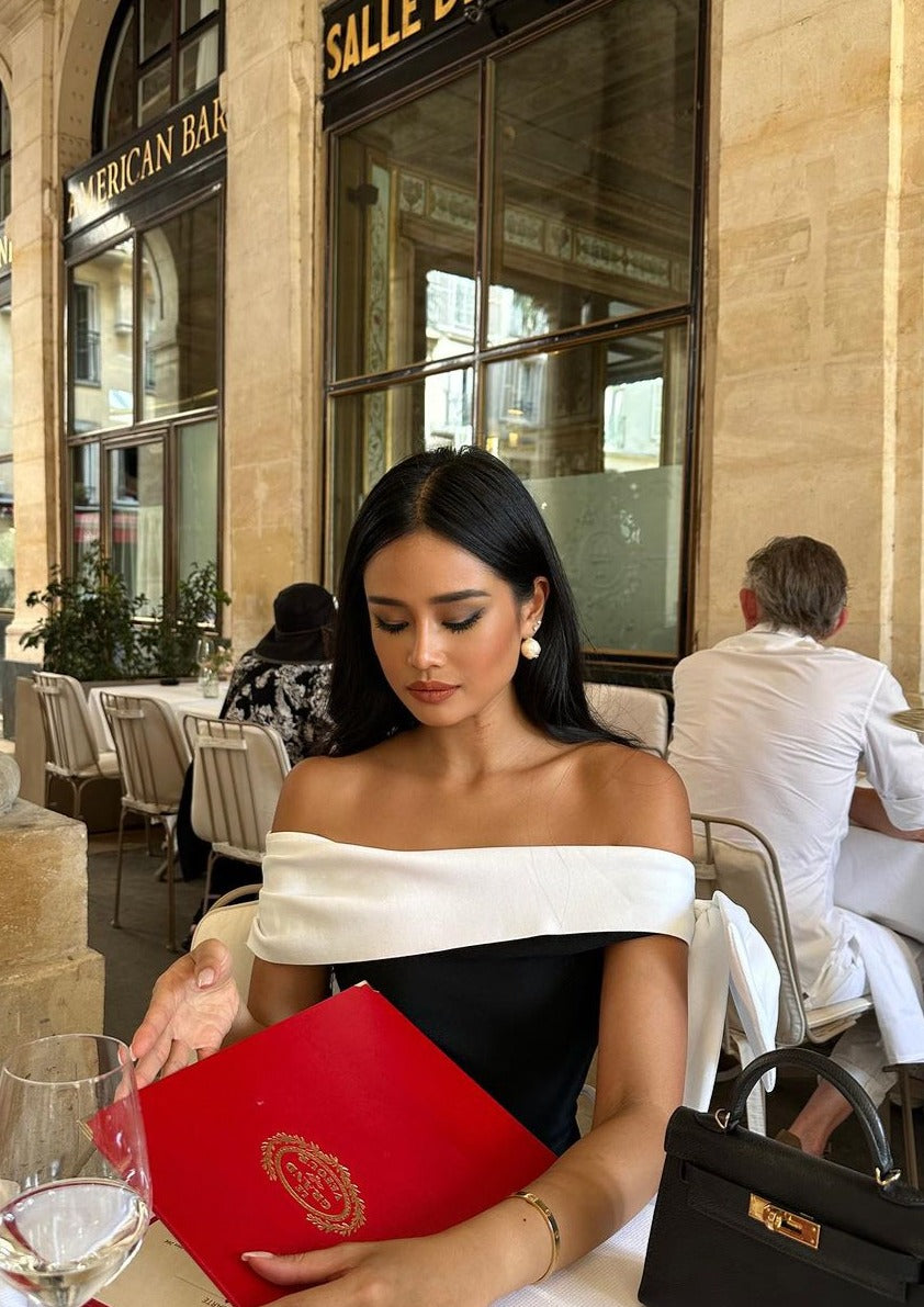 One Francine Shoulder Bow Tie Slit Midi Dress