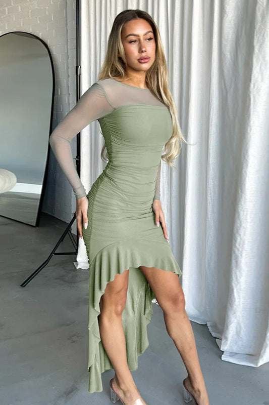 Ruffled Mesh Ruched Backless Midi Dress
