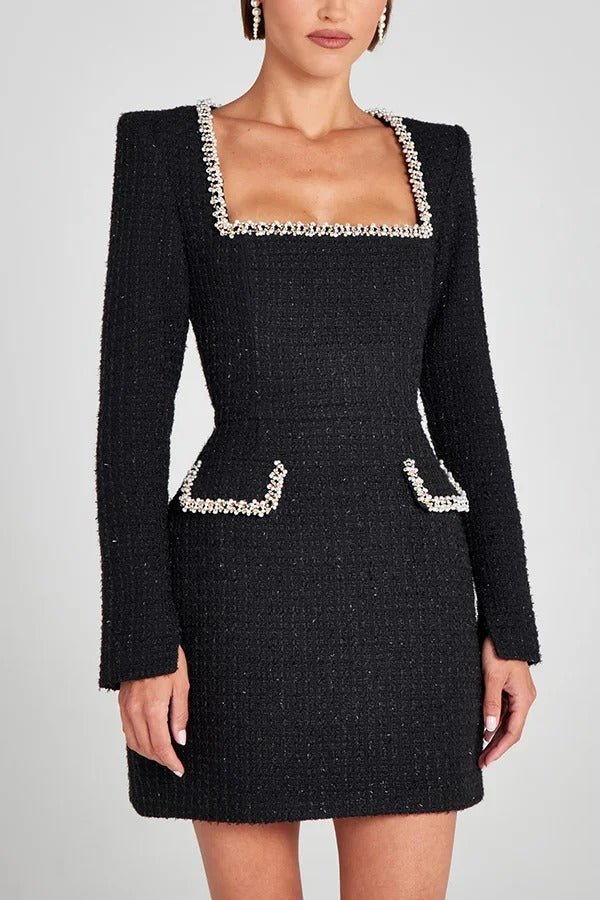 Timeless Lexi Girly and Mini Dress in Tweed Fabric with Beaded Trim, Long Slit Sleeves and Pockets Boutique Collection