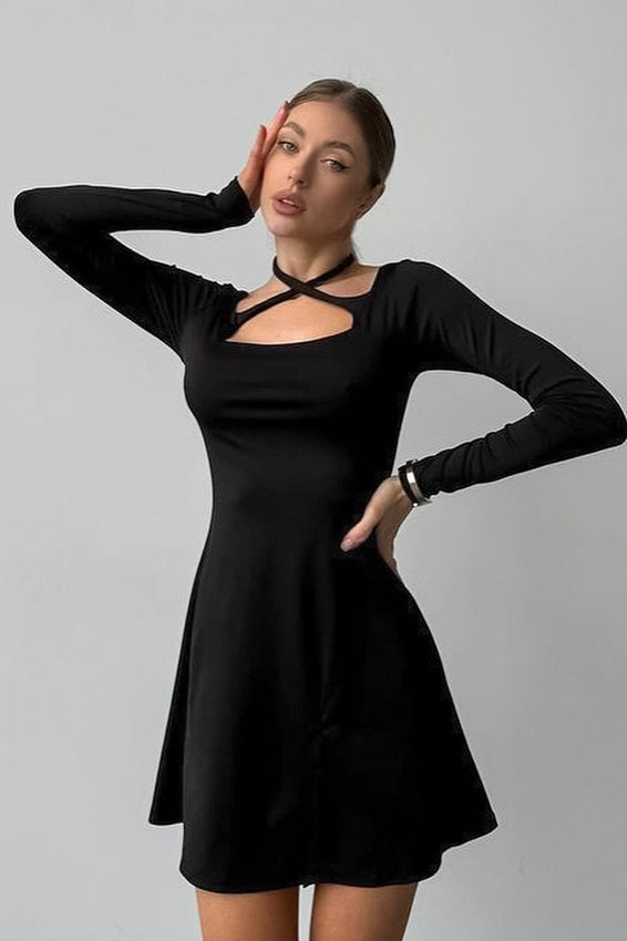 Knit Black Square Neck Mini Dress