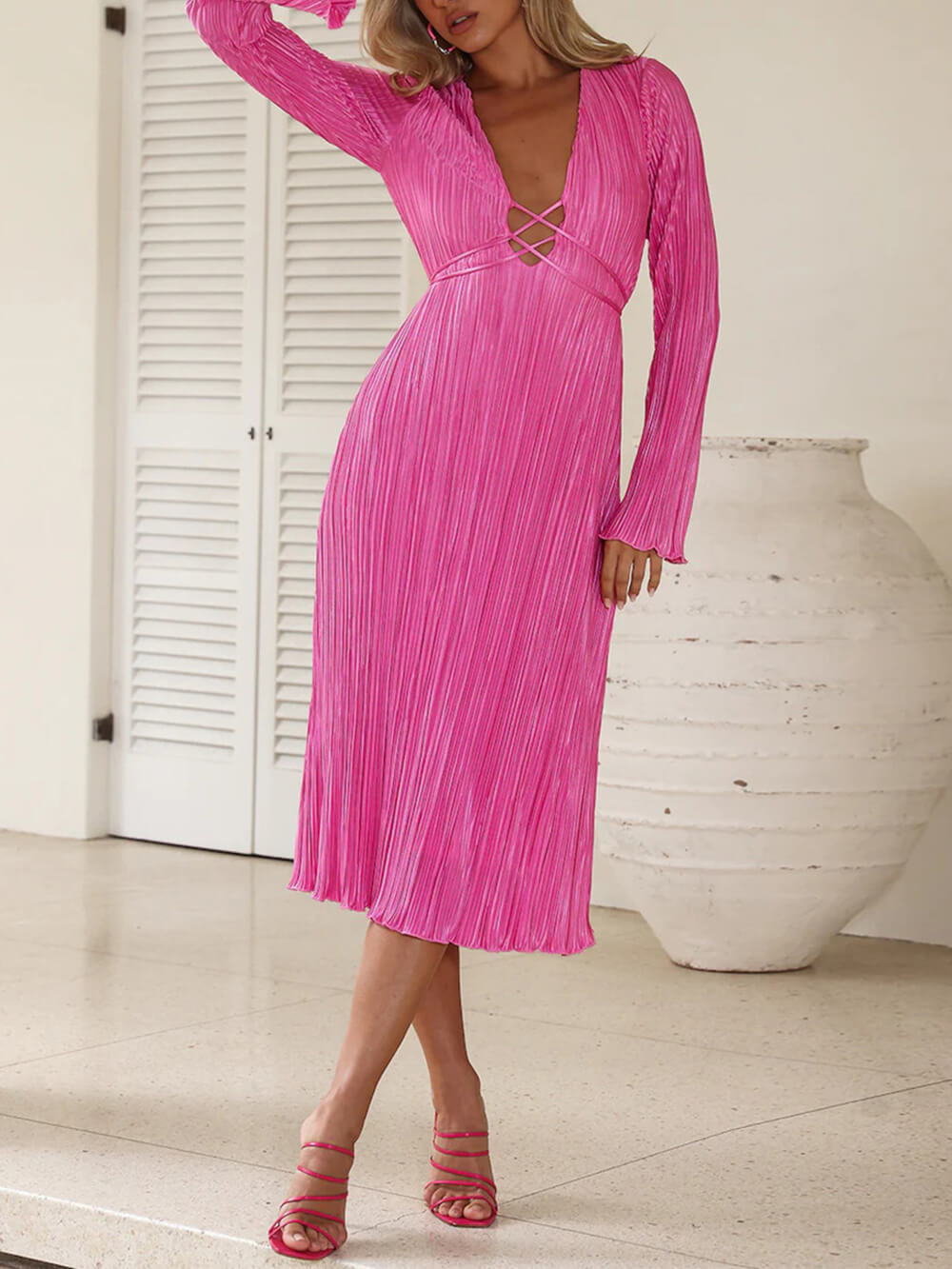 Vistas Mountain Draped Pleated Bell Sleeve Midi Dress