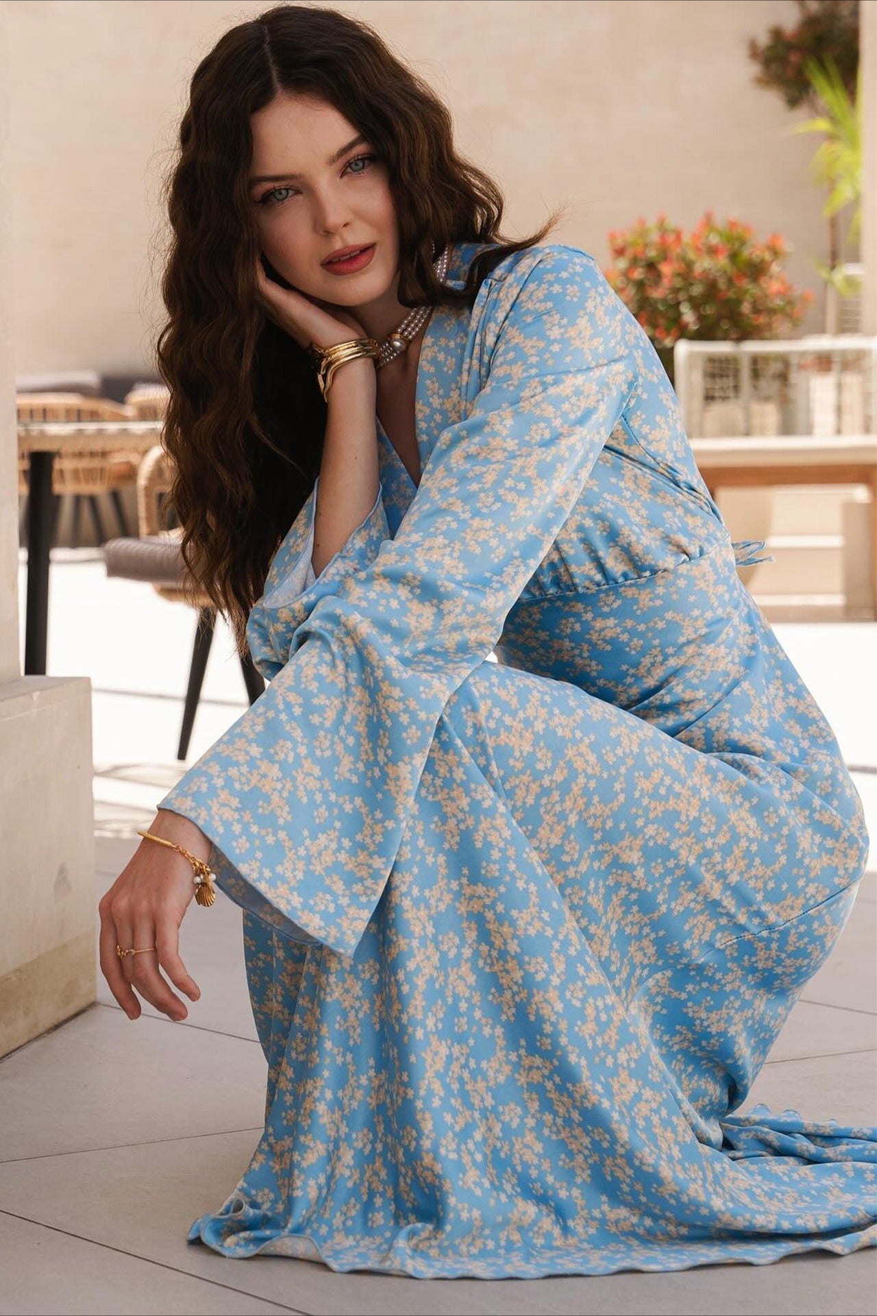 Chic V Neck Flare Sleeve Maxi Floral Dress