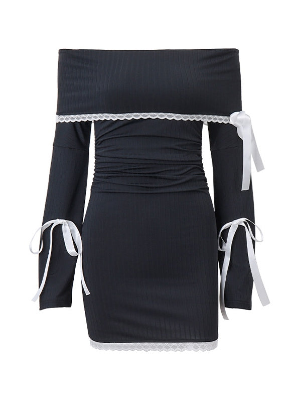 Retro Off Shoulder Tie Up Long Sleeve Mini Dress with Lace Splice