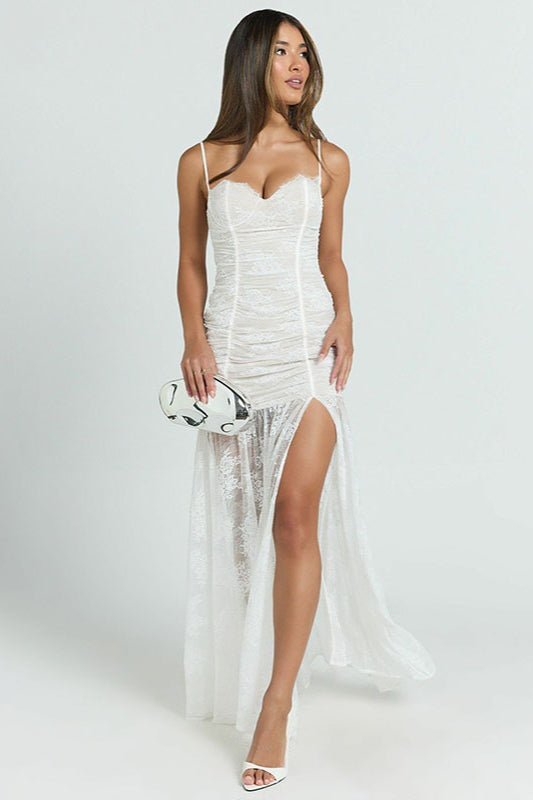 Sheer Edition Ruched Split Cami Maxi Lace Dress
