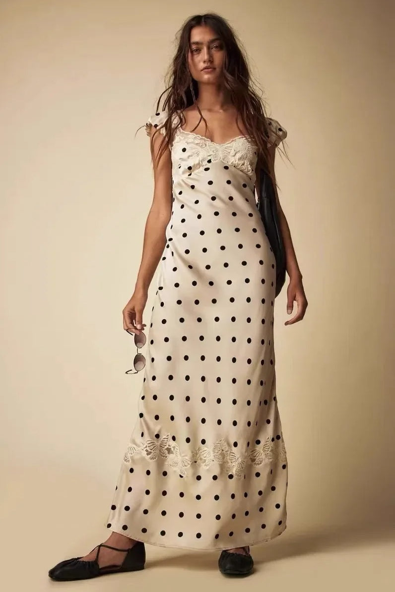 Lace Edition Satin Polka Dot Maxi Dress