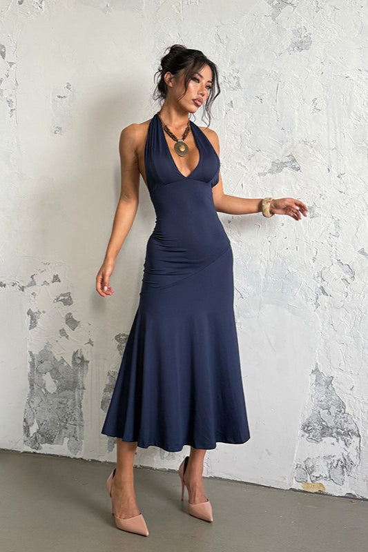 Deep Halter V Backless Midi Dress