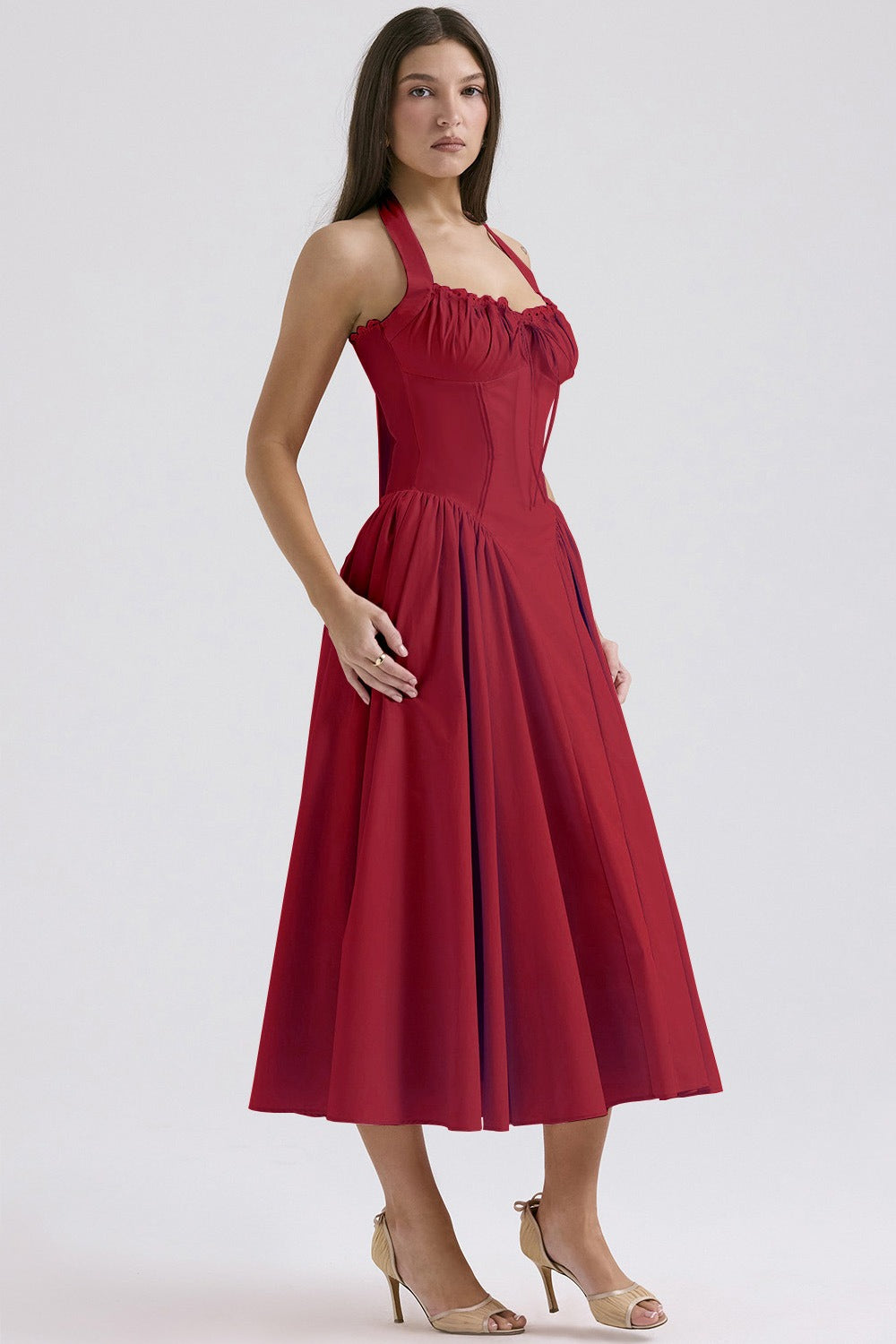 Flower Halter Lace Trim Long Sleeveless Prom Dress