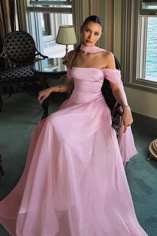 Graceful Satin Mesh Off Shoulder Prom Dress