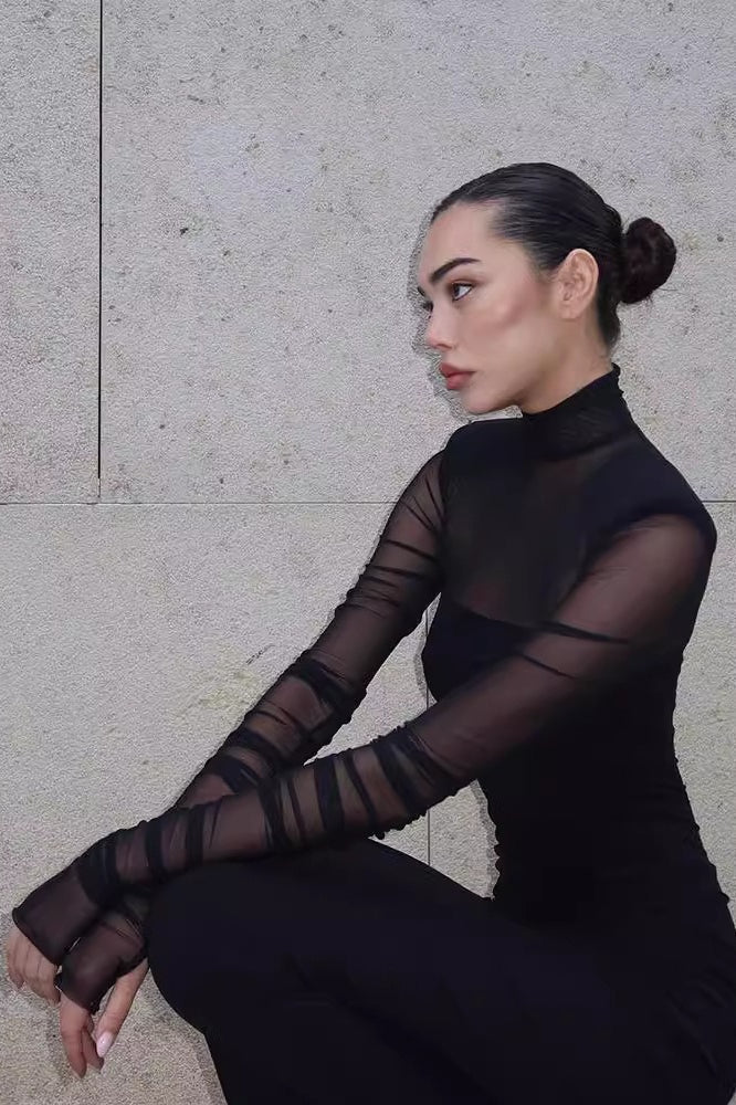 Panel Mesh Turtleneck Bodycon Midi Dress