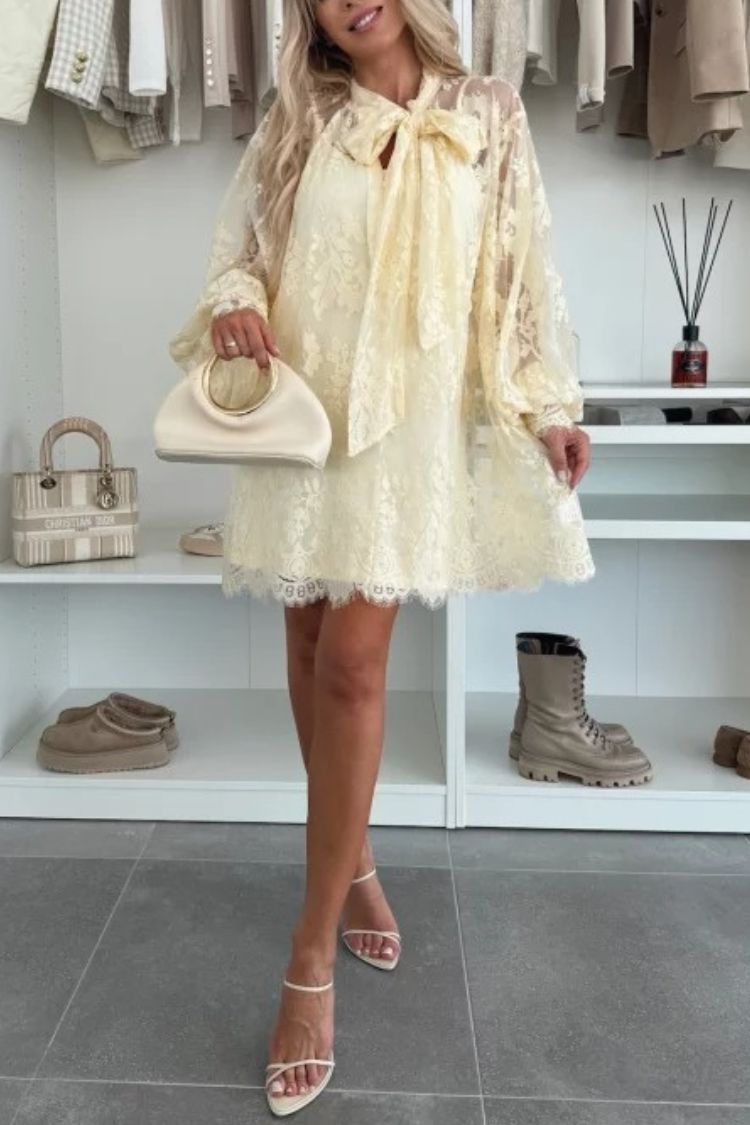 Effortless Iliana Night Rose a Line Mini Dress with Lace Bow and Long Balloon Sleeves Designer Edit