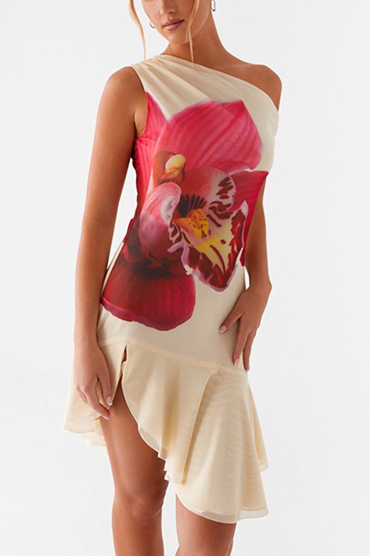 Bloom Slop Shoulder Ruffle Mini Dress