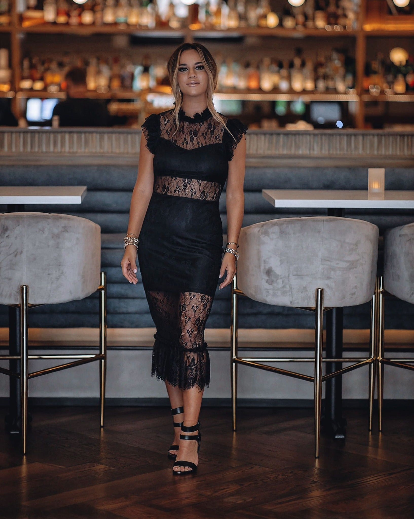 Saige PREORDER Sheer Lace Midi Dress Black