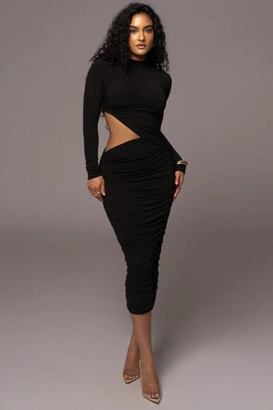 Sleeve Long Cutout Ruched Midi Dress