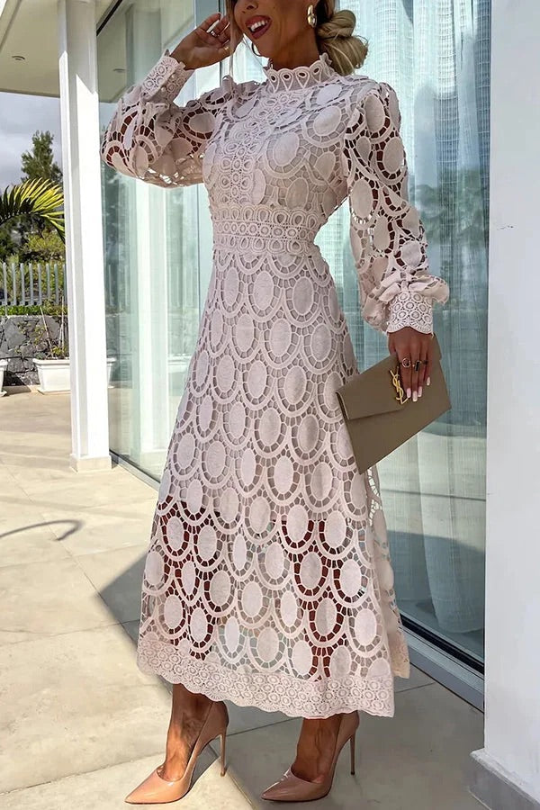 Premium Francisca Romantic, Sensual and Party Midi Dress with Crochet Lace and Lantern Sleeves Chic Silhouette Collection