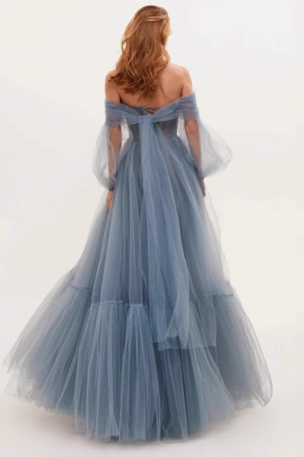 Off Shoulder Mesh Long Sleeved Prom Dress