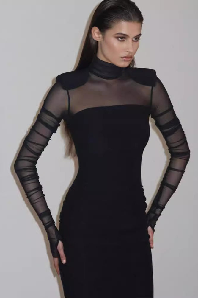 Panel Mesh Turtleneck Bodycon Midi Dress