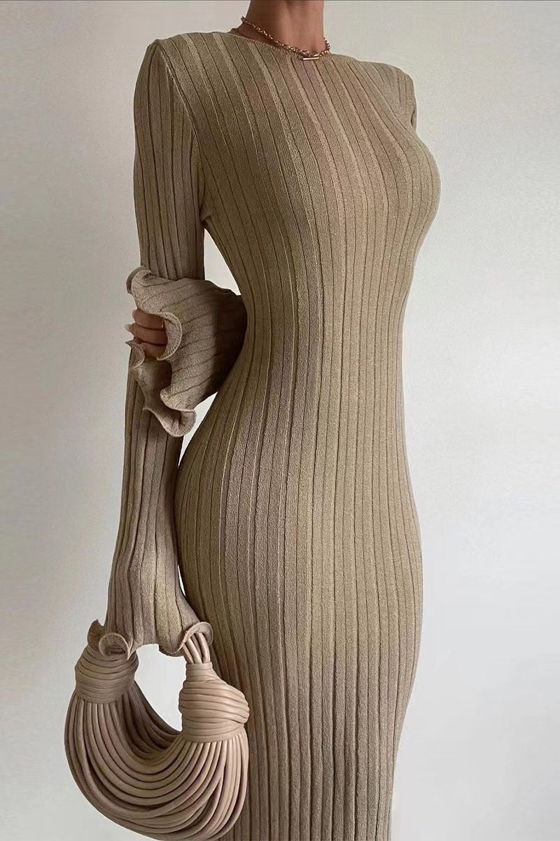Bodycon Ruffled Longline Sleeve Knit Maxi Sweater Dress