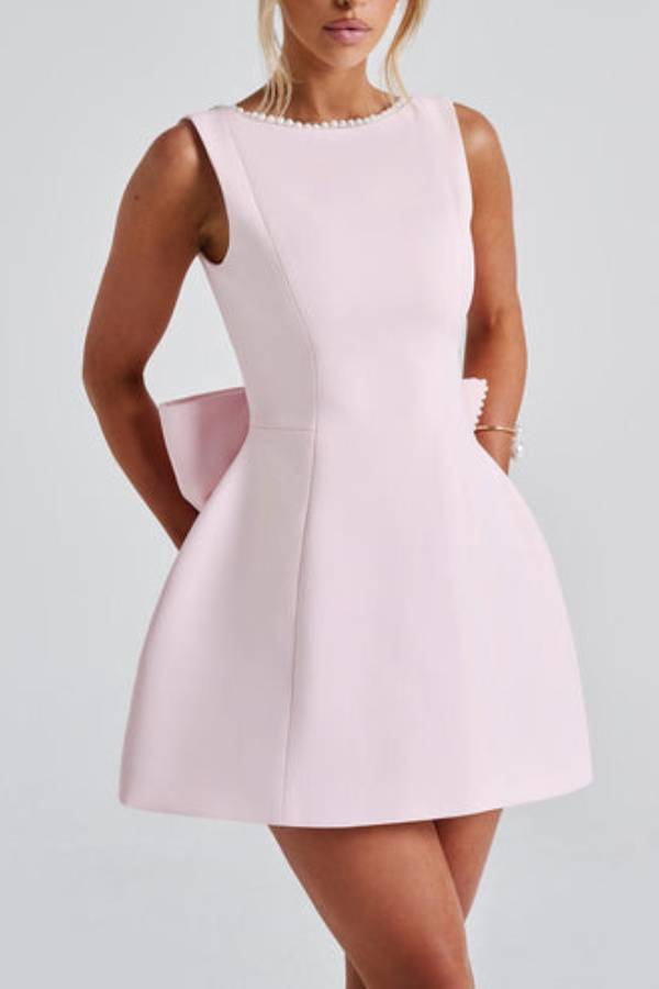 Lillian Effortless Stylish Tailored Fit Mini Dress with a Large Bow and Beaded Detailing Chic Silhouette Collection