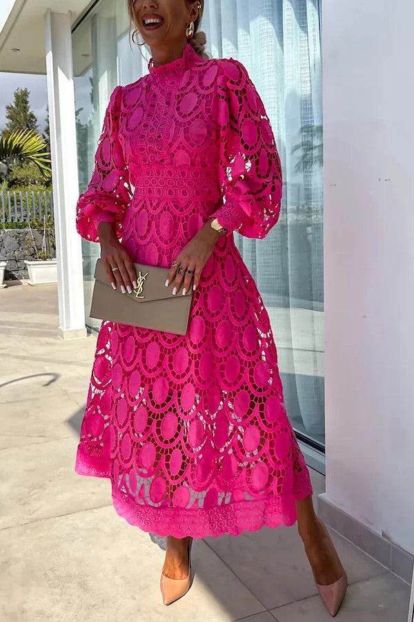 Premium Francisca Romantic, Sensual and Party Midi Dress with Crochet Lace and Lantern Sleeves Chic Silhouette Collection