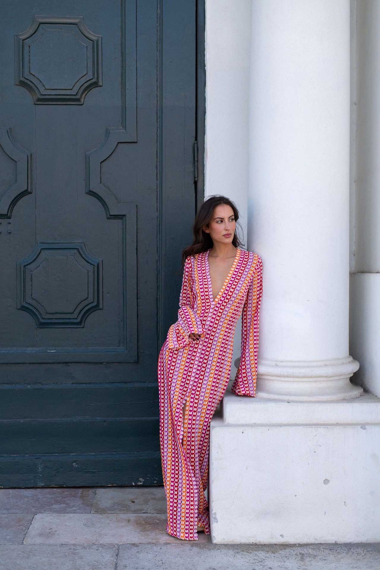 Pilar Chic Boho V Neck Bell Sleeve Maxi Dress, Wavy Striped Crochet Beach Holiday Dress Evening Wear Edit