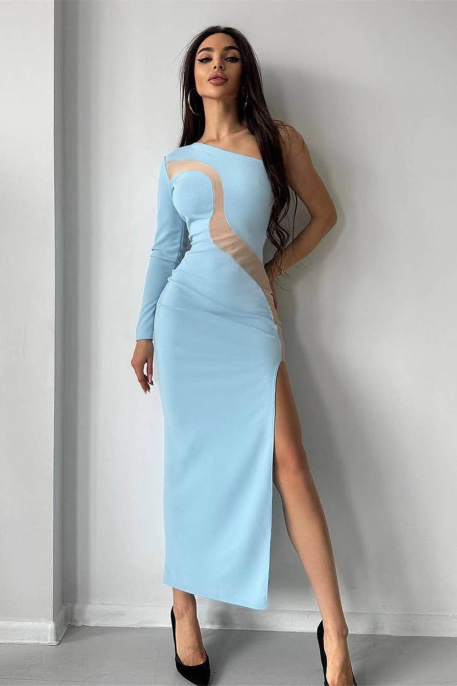 One Asymmetrical Shoulder Mesh Midi Dress