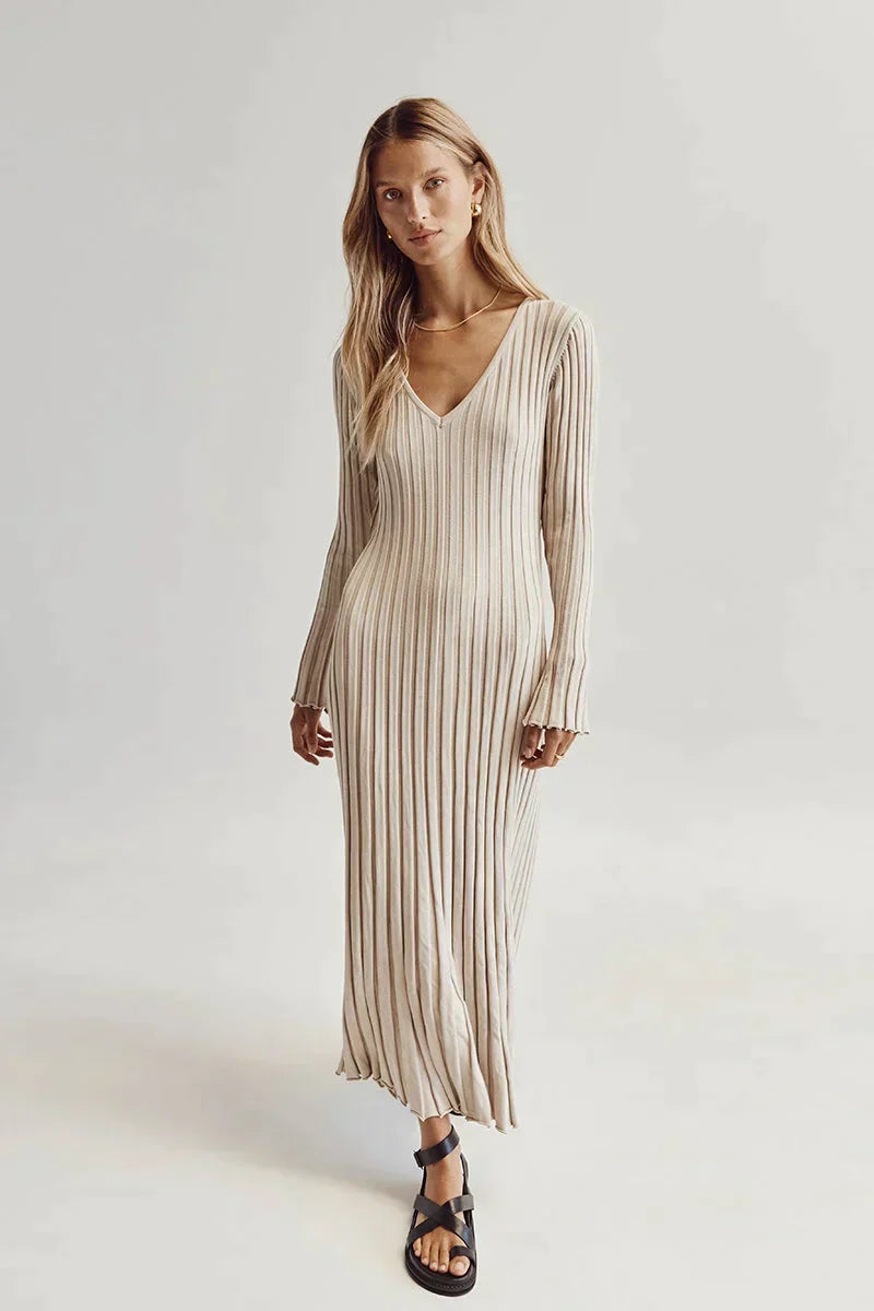 Elevated Luisa Knitted Midi Dress with V Neck and Sleeves Boutique Collection
