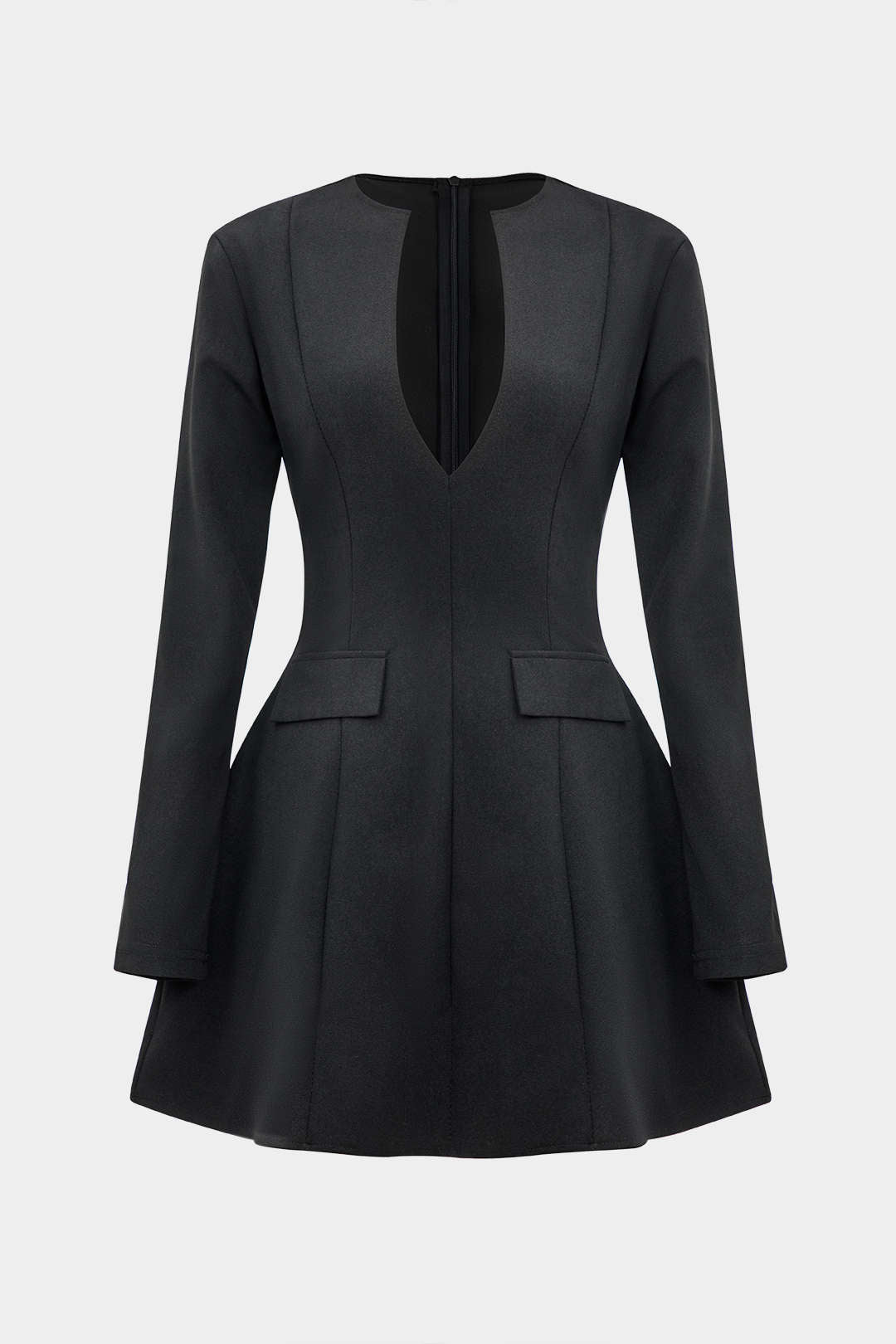 V Solid neck Fake Pockets And Zipper Mini Dress