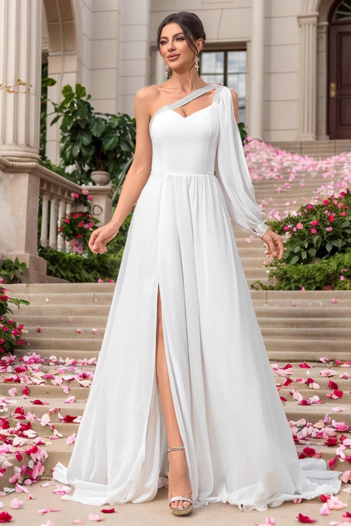 Asymmetric Gown Chiffon One Sleeved Prom Dress