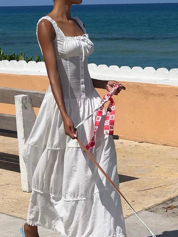 French White Pleated Layered Slim Midi Dress with Lace Up