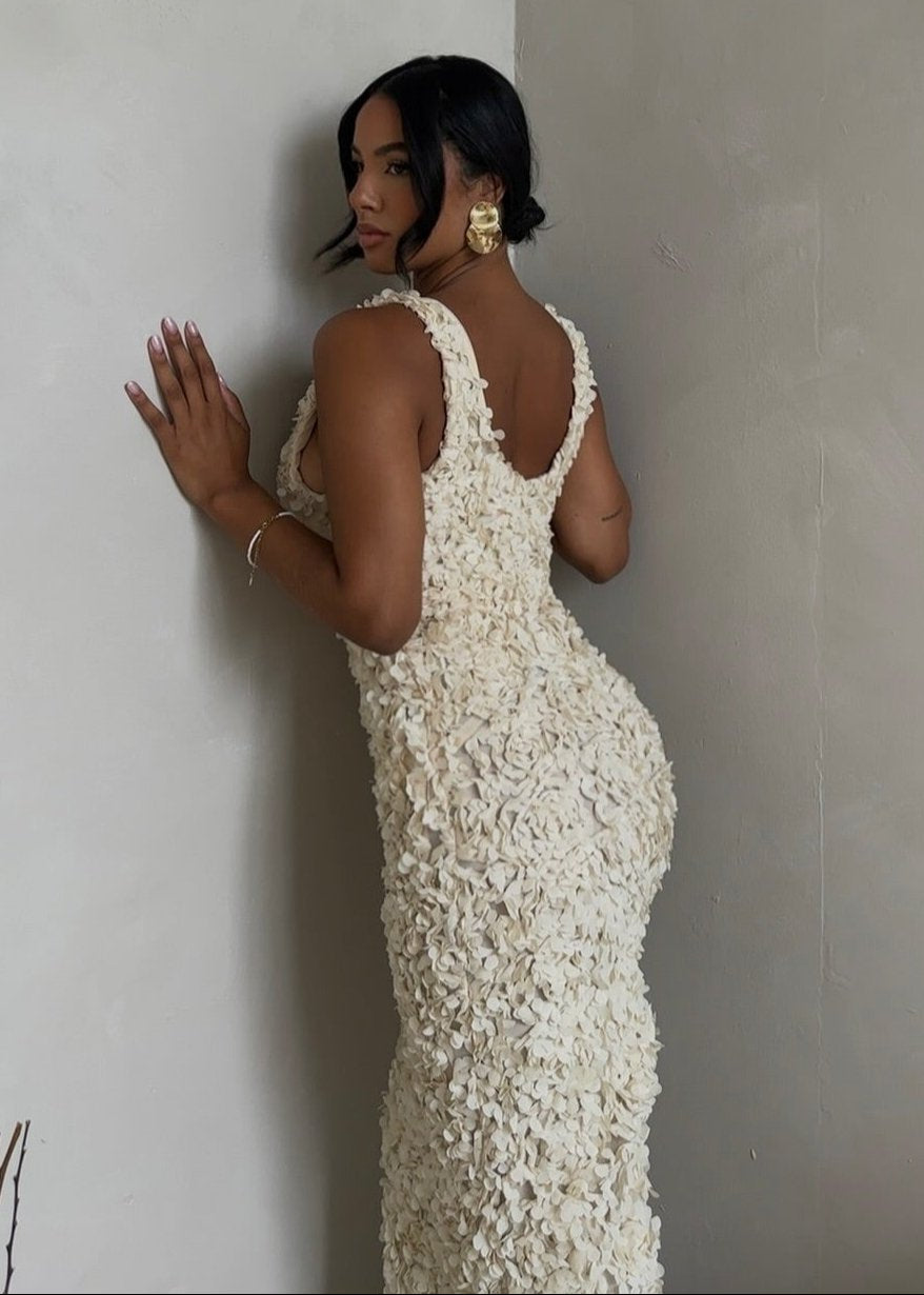 Ivory Petals - TextuRed Plunge Maxi Dress