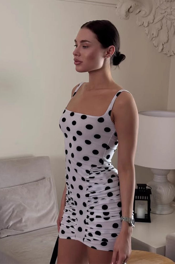 Retro Polka Dot Ruched Bodycon Mini Dress