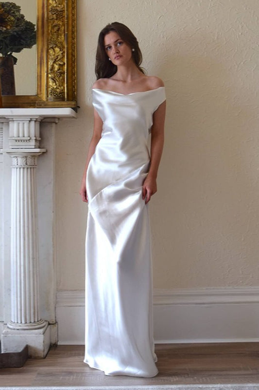 Satin Off Shoulder Backless Tie Waist Slim Fit Long Chic Prom Dress