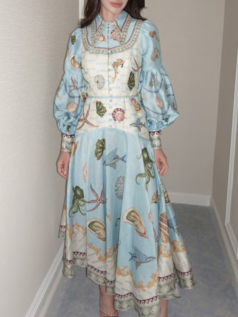Unique Deep Sea Bloom Print Single Breasted Midi Dress